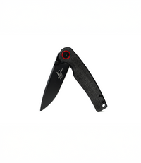 The Alex Jones Store - Alex Jones Micarta folding knife in half-open position showing black blade with signature etching and black micarta scales