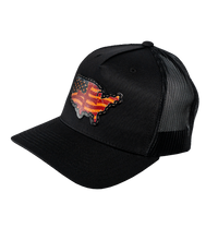 The Alex Jones Store - Three-quarter view of black Deus Vult Patriot's Crest trucker hat with USA flag-cross patch and black mesh back