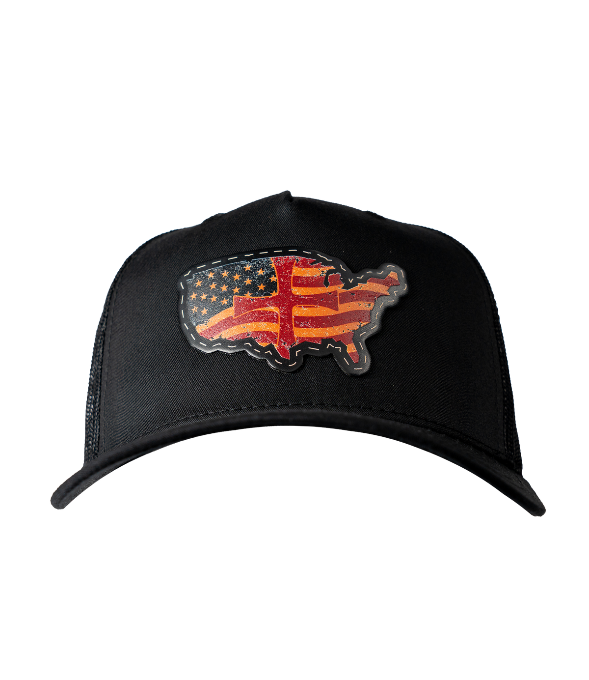 The Alex Jones Store - Front view of black Deus Vult Patriot's Crest trucker hat with USA-shaped flag and cross leather patch on crown