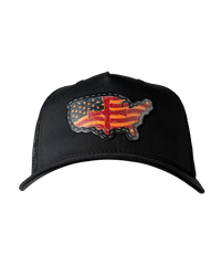 The Alex Jones Store - Front view of black Deus Vult Patriot's Crest trucker hat with USA-shaped flag and cross leather patch on crown