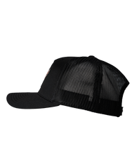 The Alex Jones Store - Left side view of all-black Deus Vult Patriot's Crest trucker hat with black mesh back and pre-curved visor