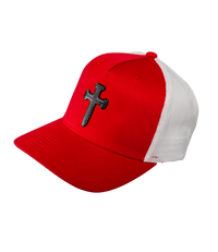 The Alex Jones Store - Three-quarter view of red Deus Vult Cross Nails trucker hat with white mesh back and black cross-of-nails patch