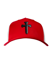The Alex Jones Store - Front view of red and white Deus Vult Cross Nails trucker hat with black leatherette cross-of-nails patch on crown