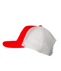 The Alex Jones Store - Left side profile of red and white Deus Vult Cross Nails snapback trucker hat with white mesh back