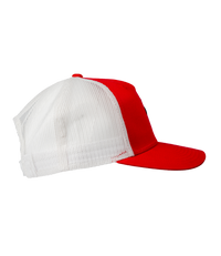 The Alex Jones Store - Right side view of red Deus Vult Cross Nails trucker hat showing white mesh back panel and pre-curved red visor