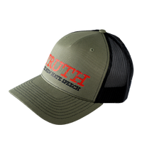 The Alex Jones Store - Three-quarter view of olive green trucker hat with red 'TRUTH The New Hate Speech' embroidery, black mesh back