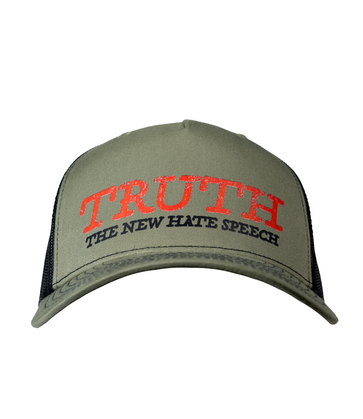 The Alex Jones Store - Olive green and black trucker hat with red 'TRUTH' and 'The New Hate Speech' embroidered front patch design