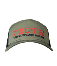 The Alex Jones Store - Olive green and black trucker hat with red 'TRUTH' and 'The New Hate Speech' embroidered front patch design