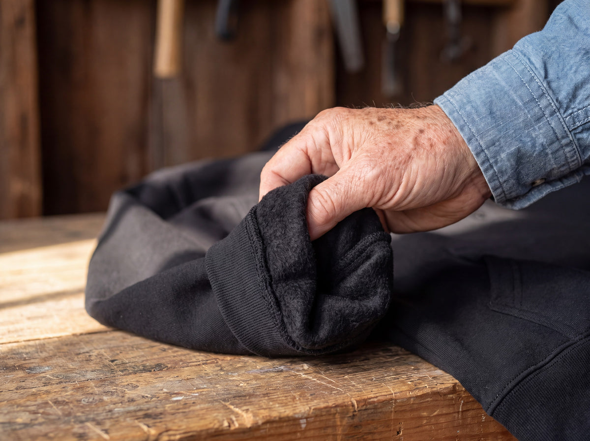 Black hoodie sleeve with the ribbed cuff turned back to show the thick fleece inside