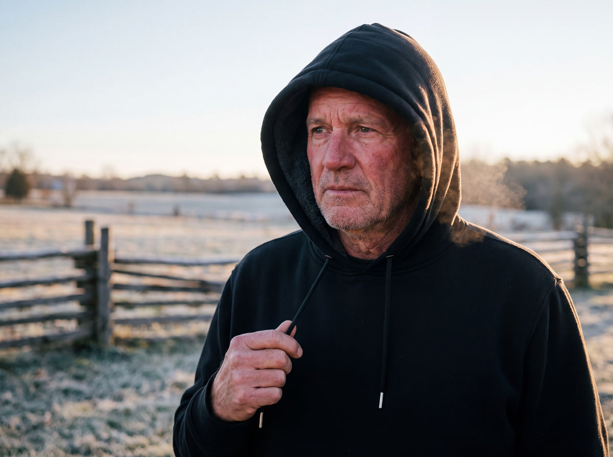 Man wearing a black hoodie with the fleece-lined hood up on a cold morning