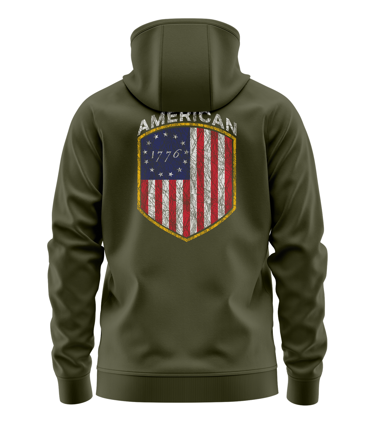 The Alex Jones Store - Olive green American 1776 hoodie back view with Betsy Ross flag shield graphic and 'American 1776' banner