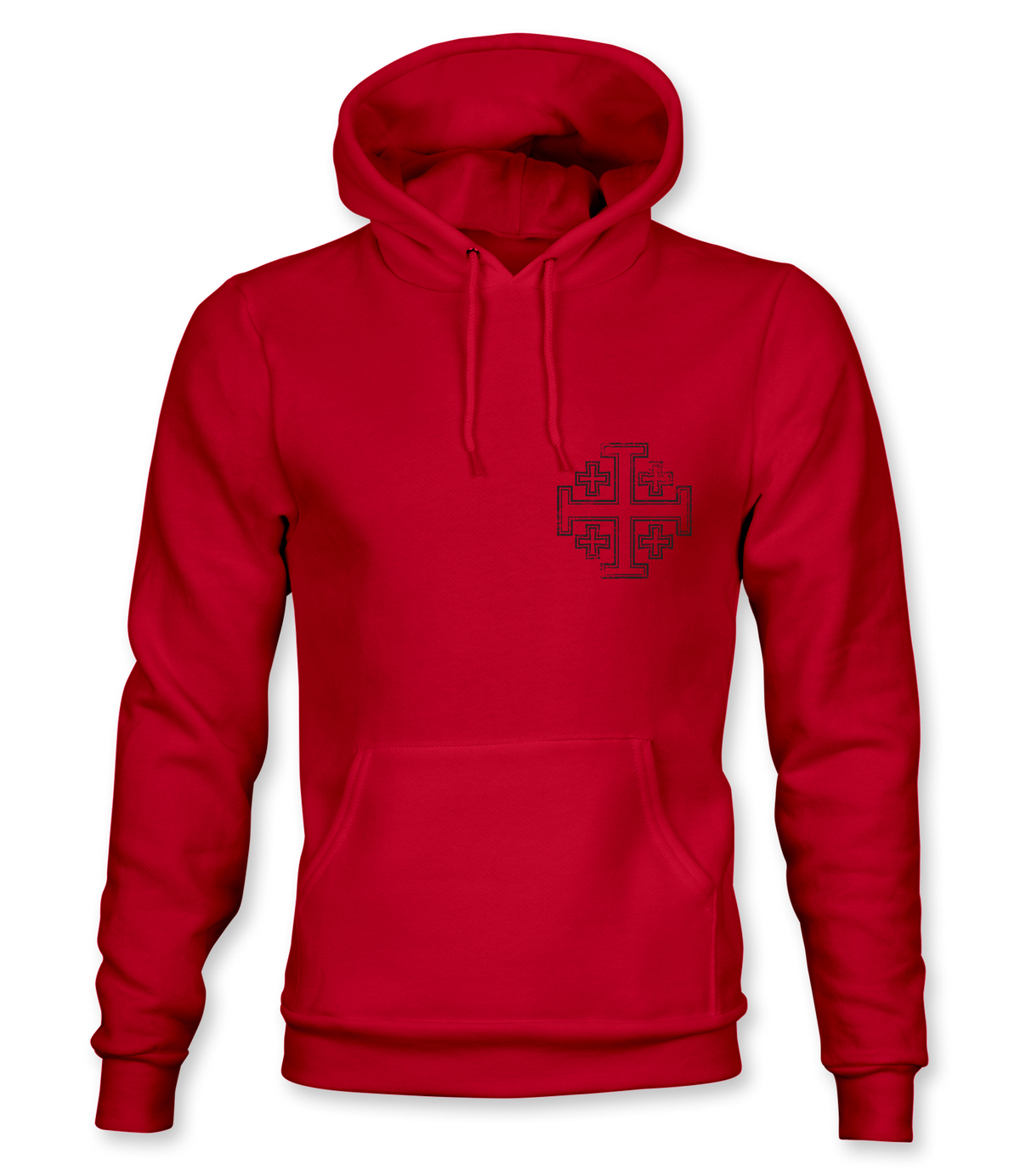 The Alex Jones Store - Red Deus Vult No Retreat No Surrender hoodie with small black Jerusalem cross emblem on left chest