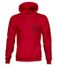 The Alex Jones Store - Red Deus Vult No Retreat No Surrender hoodie with small black Jerusalem cross emblem on left chest