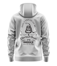 The Alex Jones Store - White hoodie back view with black 'Don't Tread On Me Liberty Or Death 1776 America Land Of The Free' Gadsden snake design