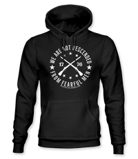 The Alex Jones Store - Black pullover hoodie with white 'We Are Not Descended From Fearful Men 1776' crossed muskets crest design