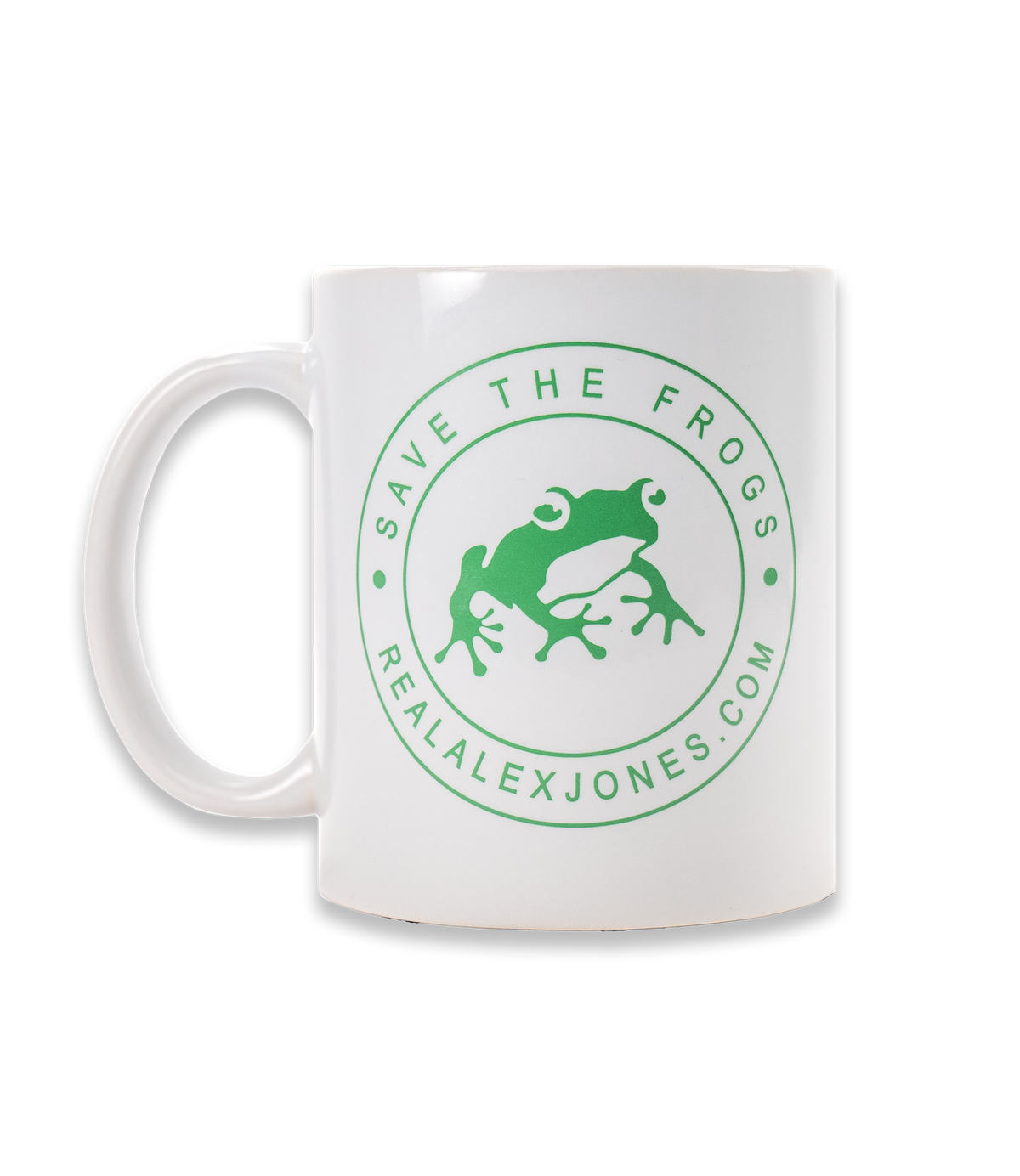 The Alex Jones Store - White ceramic Save The Frogs coffee mug, back view with partial green frog seal circular logo and handle on left