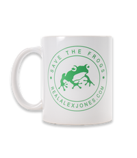 The Alex Jones Store - White ceramic Save The Frogs coffee mug, back view with partial green frog seal circular logo and handle on left