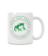The Alex Jones Store - White ceramic Save The Frogs coffee mug front view with green frog seal reading 'Save The Frogs realalexjones.com'