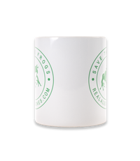 The Alex Jones Store - White ceramic Save The Frogs coffee mug left side view showing green frog seal logo wrapping around the body