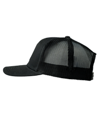 The Alex Jones Store - Obedience To God Circle Star Leather Patch Hat — Left side view of black mesh-back trucker hat with leather patch design partially visible