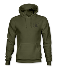 The Alex Jones Store - Olive green American 1776 hoodie front view with small Gadsden snake circle crest on left chest, hood up
