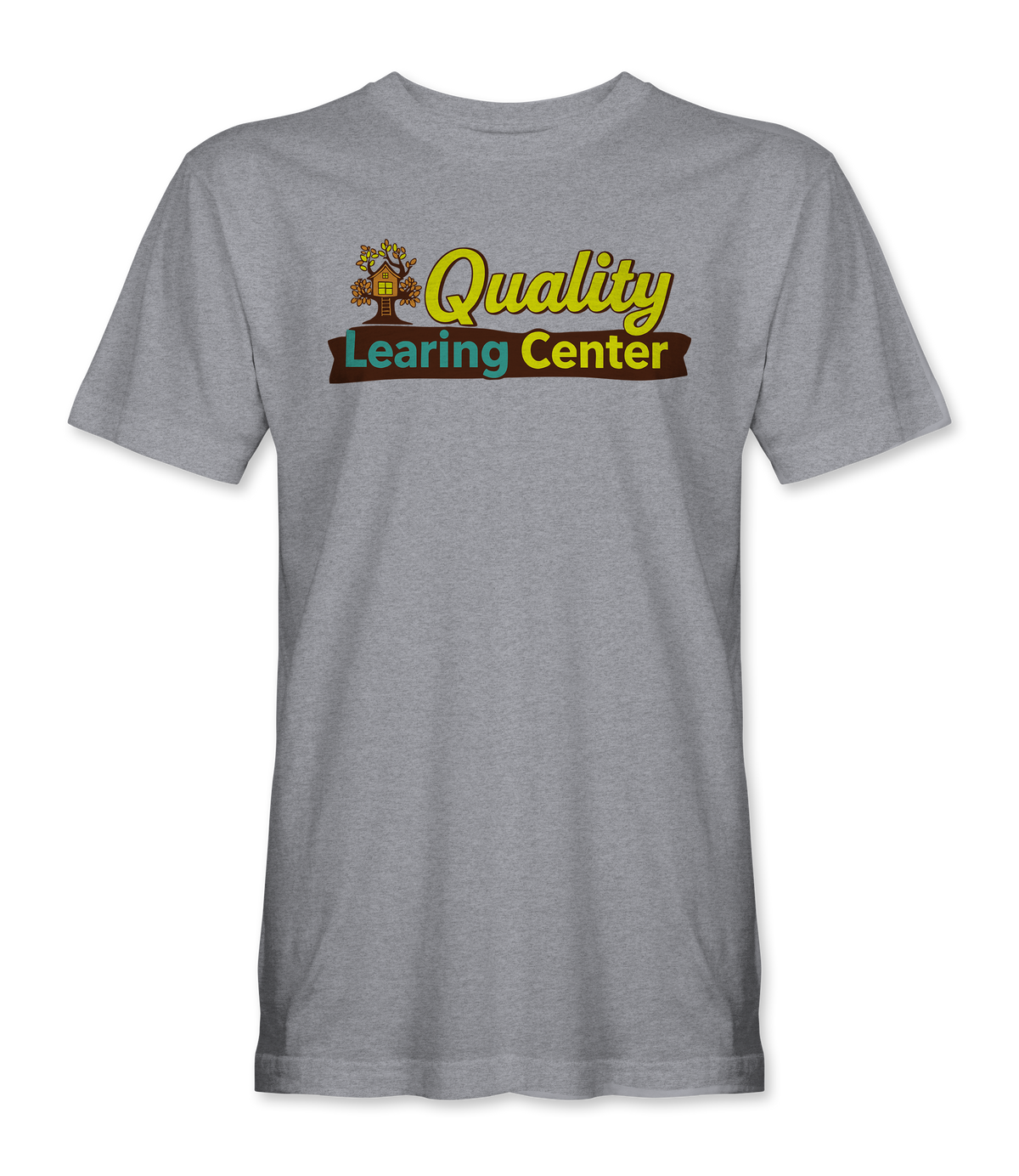The Alex Jones Store - Heather grey Quality Learing Center t-shirt with retro PBS-style logo featuring treehouse and colorful text design