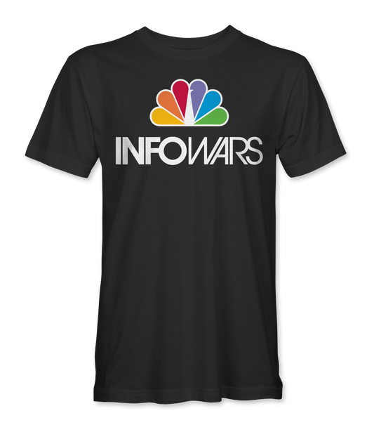 black shirt showing a tvs peacock with the words Infowars below