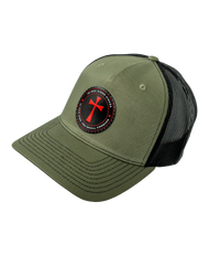 The Alex Jones Store - Three-quarter view of olive green You Shall Conquer leather patch hat with black mesh back panels