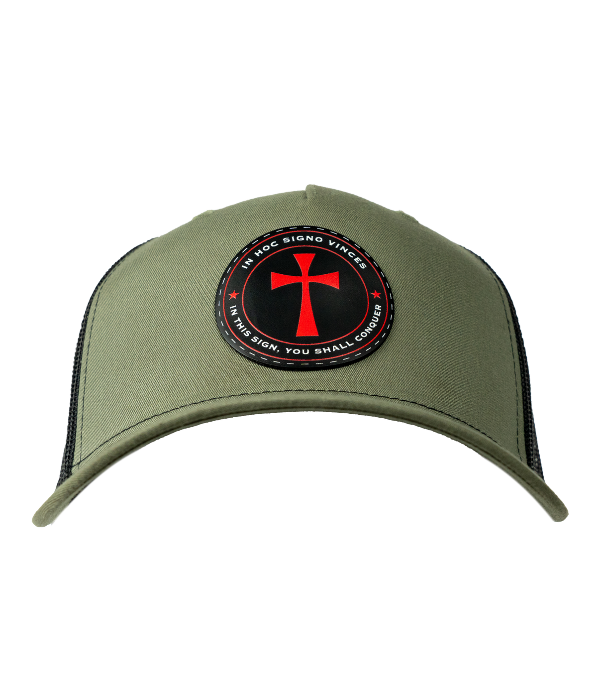 The Alex Jones Store - Front of olive green trucker hat with circular patch showing red cross and 'In Hoc Signo Vinces - In This Sign You Shall Conquer'