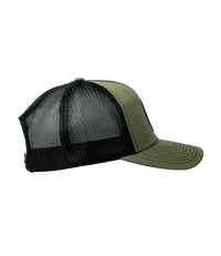 The Alex Jones Store - "You Shall Conquer" Leather Patch Hat — Right side view of olive green mesh-back trucker hat showing structured crown and stitched curved brim