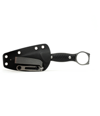 The Alex Jones Store - Alex Jones Ring Blade fixed knife sheathed in black Kydex with belt clip, ring pommel exposed for quick deployment