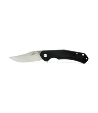 The Alex Jones Store - Alex Jones Phantom folding blade with black G10 handle and stone-washed curved D2 steel blade, open position with AJ signature etching