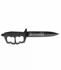 The Alex Jones Store - Black Trench War Dagger with knuckle handle and 'Ave Christus Rex' Gothic script etched along the blade