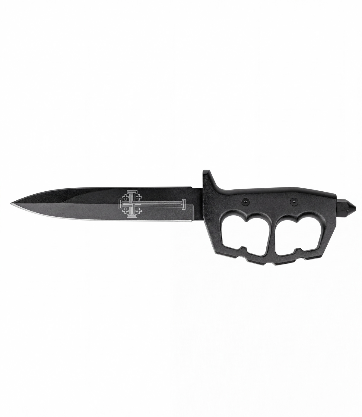 The Alex Jones Store - Black Ave Christus Rex Trench War Dagger with knuckle-guard handle and Jerusalem cross etched on the blade