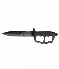 The Alex Jones Store - Don't Tread On Me Trench War Dagger with black knuckle-guard handle and coiled Gadsden rattlesnake etched on stone-washed blade
