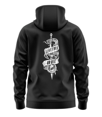 The Alex Jones Store - Black hoodie back view with white 'Live Free Or Die Don't Tread On Me' snake coiled around dagger graphic
