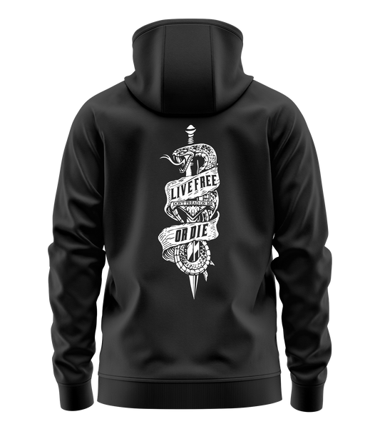The Alex Jones Store - Black hoodie back view with white 'Live Free Or Die Don't Tread On Me' snake coiled around dagger graphic