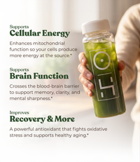 Alex Jones Naturals - Lifestyle shot of hand holding clear bottle of green Optimal Human Superfood Greens drink with cellular energy benefits text