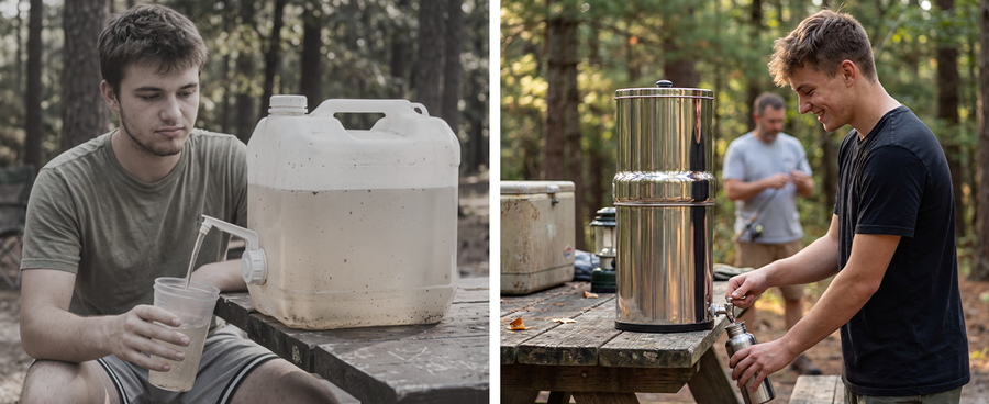 Cloudy stored water beside clean water drawn at a campsite