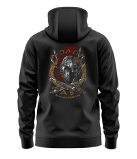 The Alex Jones Store - Black Molon Labe hoodie back view with Spartan helmet, crossed spears and Greek key border graphic from realalexjones.com