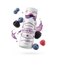 Alex Jones Naturals - Optimal Human Nootropic Mind Fuel Energy Shot 2 oz bottle floating with blackberries, blueberries and raspberries