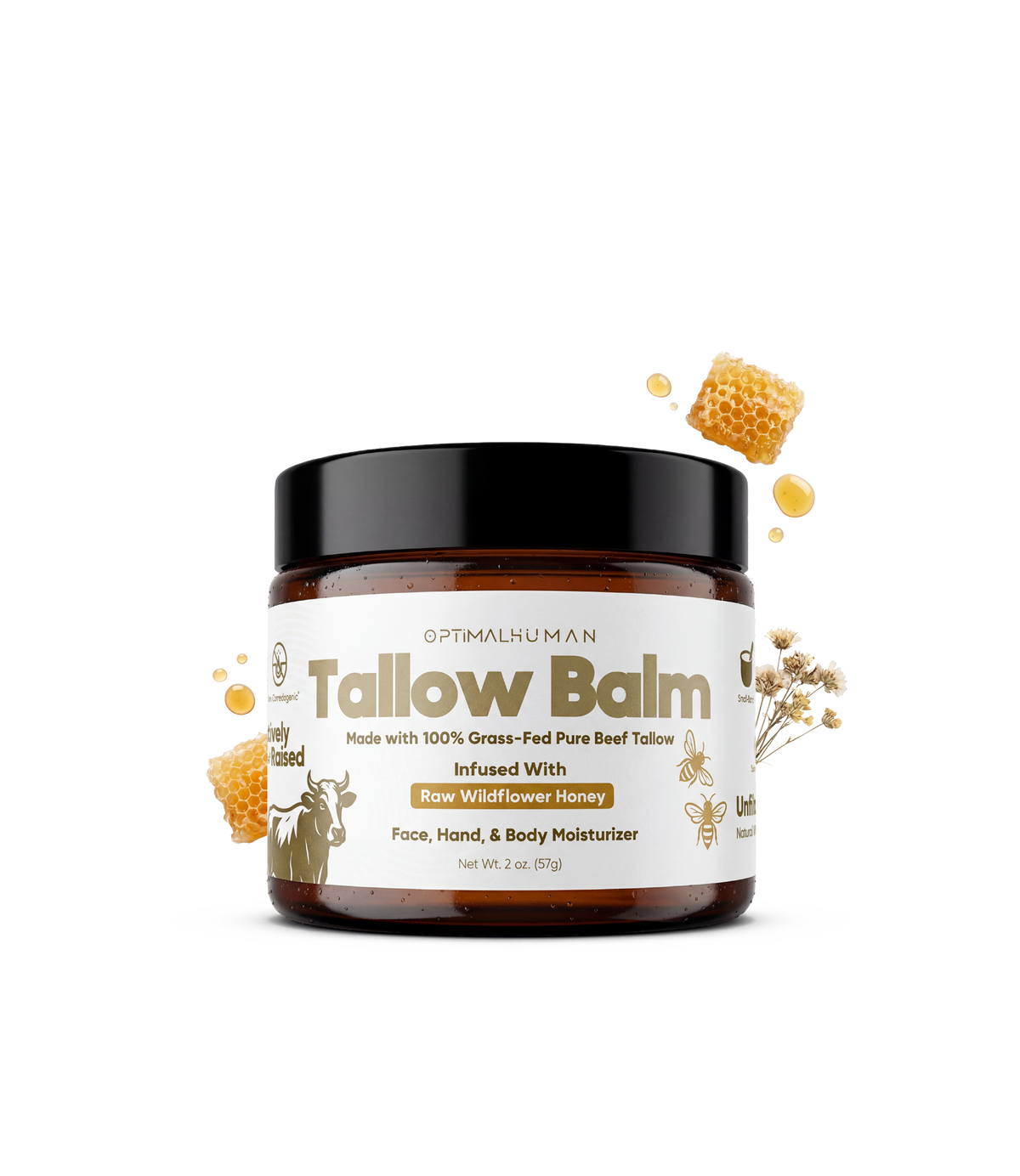 Alex Jones Naturals - Amber glass jar of Optimal Human Tallow Balm with grass-fed beef tallow and raw wildflower honey, 2 oz