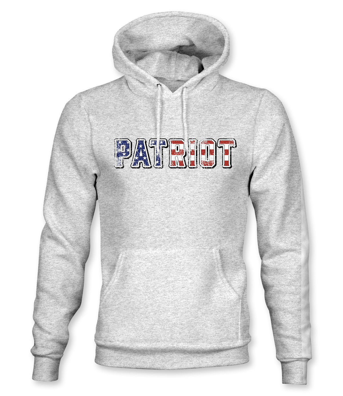 The Alex Jones Store - Heather grey Patriot Hoodie with red, white and blue American flag textured 'PATRIOT' lettering across the chest