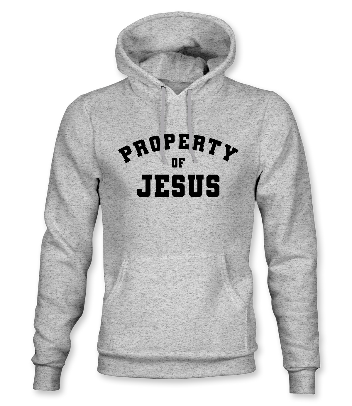 The Alex Jones Store - Heather grey Property Of Jesus pullover hoodie with large arched black collegiate-style chest text and front kangaroo pocket
