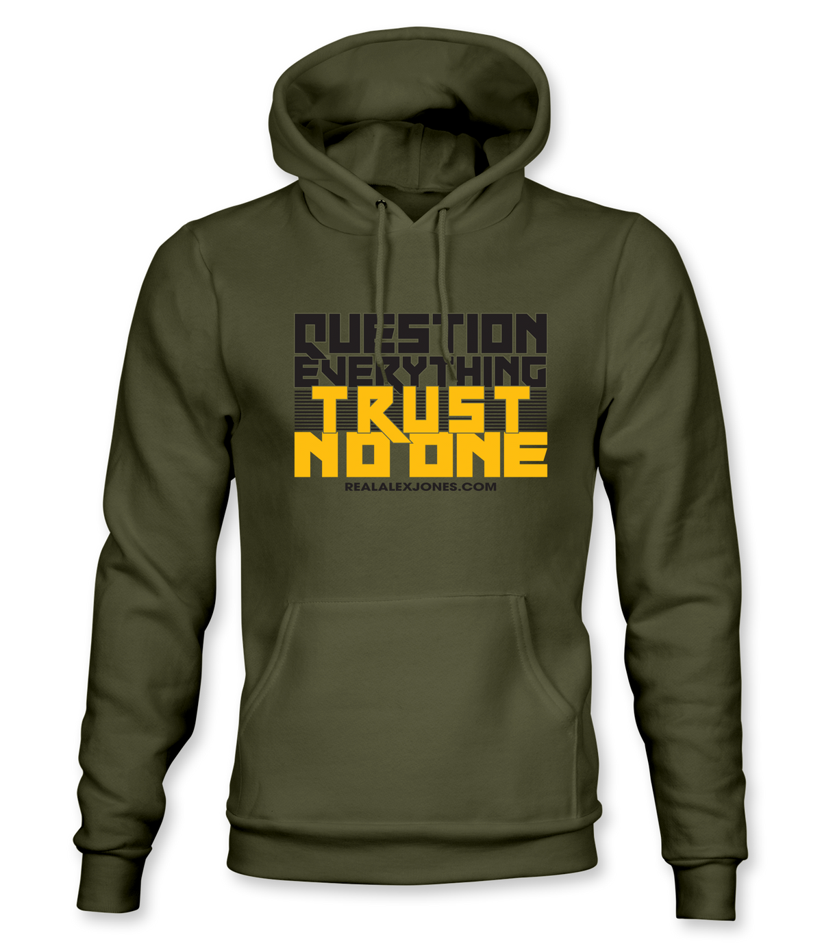 The Alex Jones Store - Olive green Question Everything Trust No One hoodie with bold yellow and dark gray slogan graphic on front