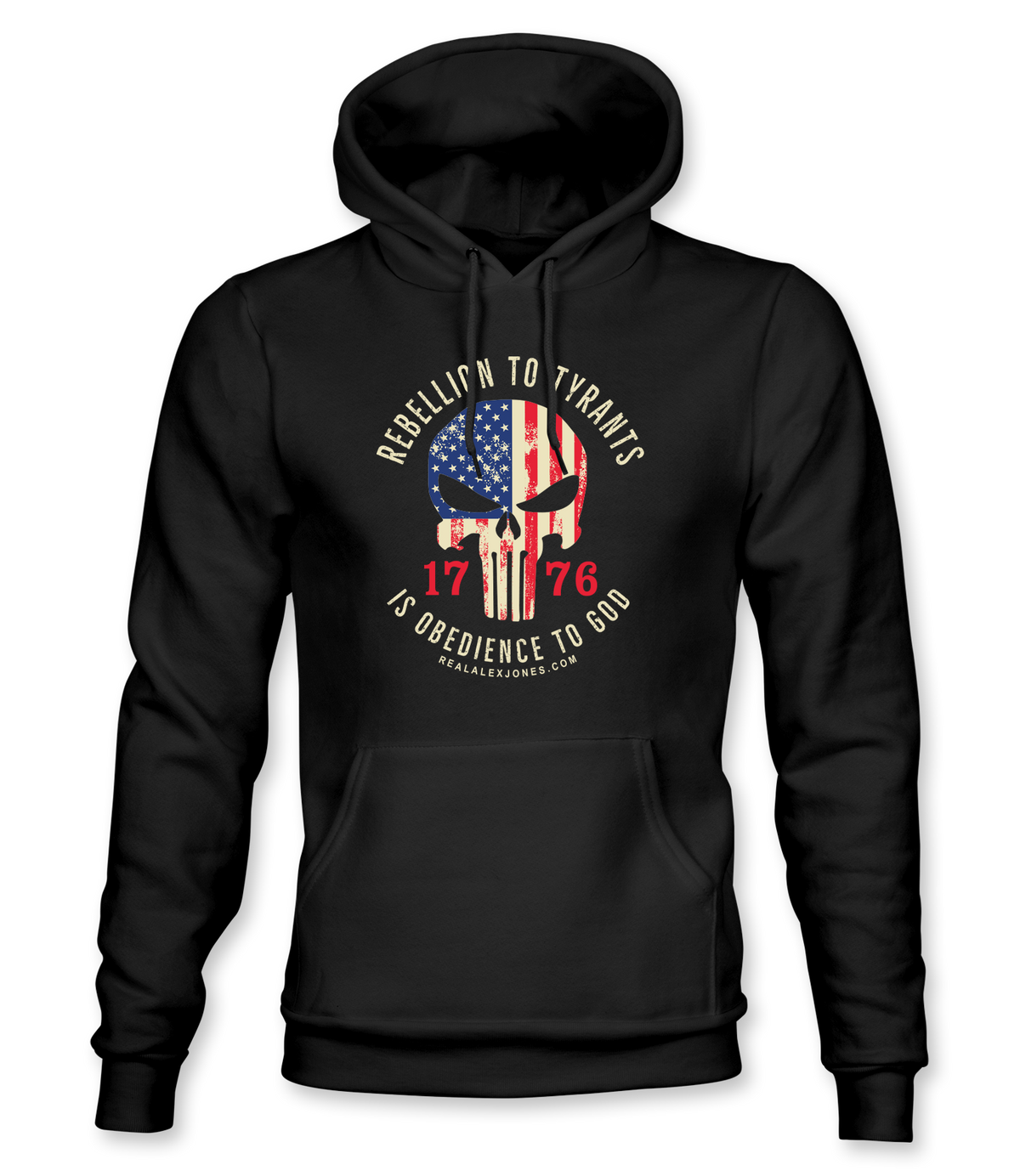 The Alex Jones Store - Black pullover hoodie with 'Rebellion To Tyrants Is Obedience To God' American flag punisher skull 1776 graphic