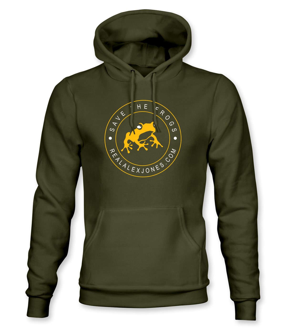 The Alex Jones Store - Olive green hoodie with yellow circular 'Save The Frogs RealAlexJones.com' frog crest logo on chest