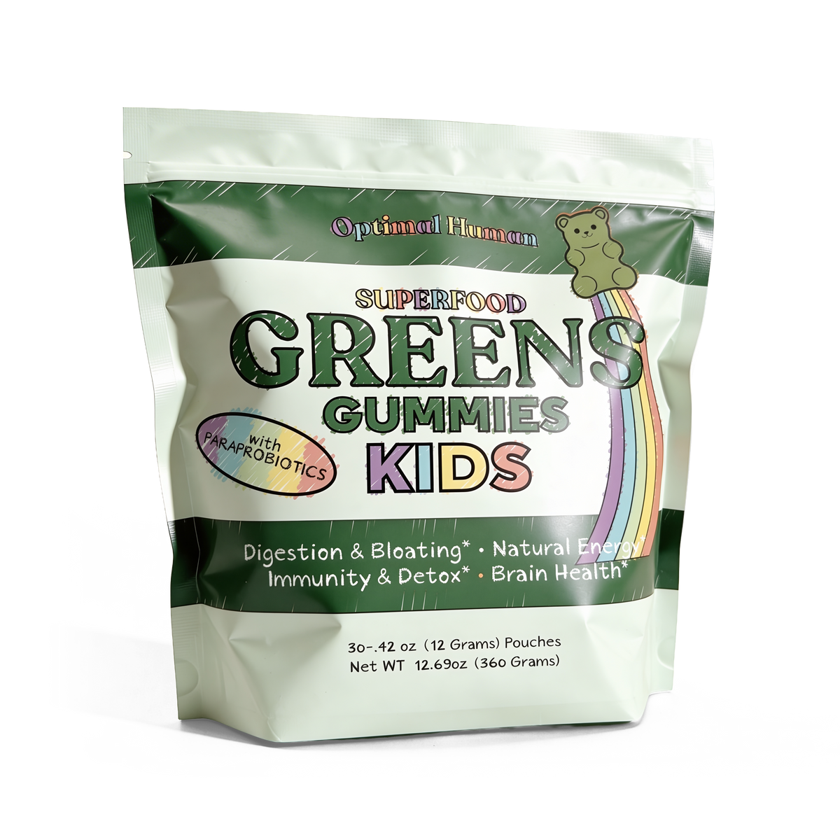 Optimal Human Superfood Greens Gummies Kids bag, 30 single-serve pouches, natural strawberry flavor