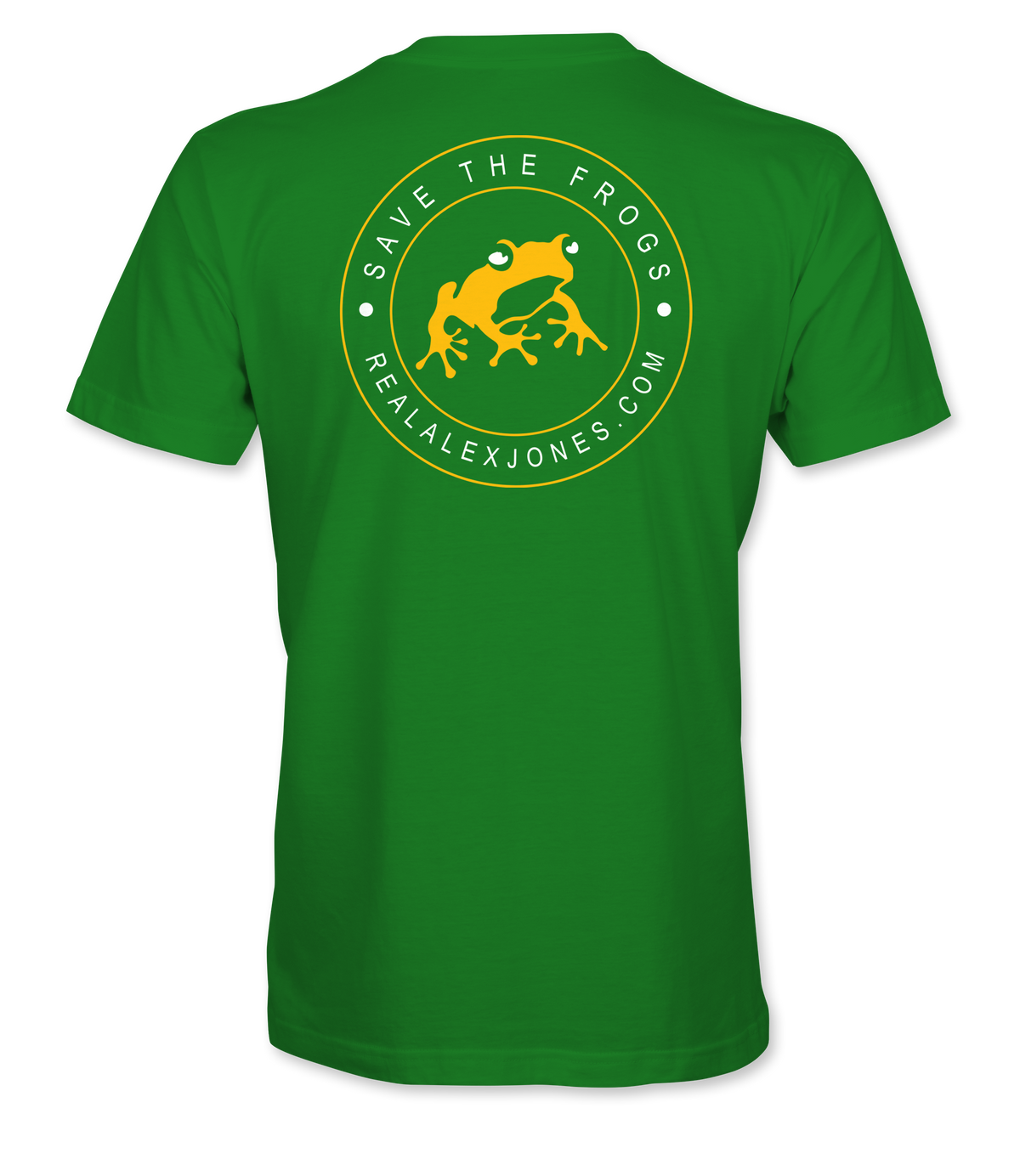 The Alex Jones Store - Green 'Save The Frogs' t-shirt, back view with yellow circular frog crest and RealAlexJones.com text