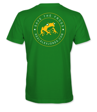 The Alex Jones Store - Green 'Save The Frogs' t-shirt, back view with yellow circular frog crest and RealAlexJones.com text
